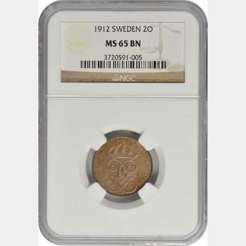 1912 Sweden 2 Ore NGC MS 65 BN Finest Graded and Key Date. KM-778 - Picture 3 of 4