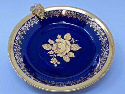 Vintage Limoges porcelain Trinket plate 3D gold leaf Indigo Blue Signed Signer - Picture 1 of 7
