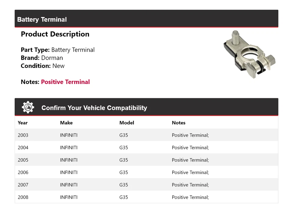 Terminal de batería para Infiniti G35 Dorman 2003-2008 2004 2005 2006 2007 Foto 2 de 4