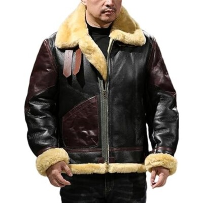 MENS Winter B3 Bomber Shearling Windproof Outdoor Casual Coat Fur Leather Jacket