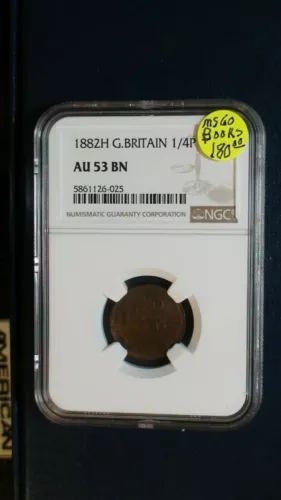 1882H Great Britain Farthing NGC AU53 BN 1/4P Coin PRICED TO SELL NOW!