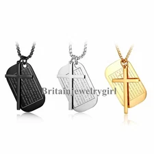 Stainless Steel Military Dog Tag Cross Pendant Bible Verse Prayer Necklace Men