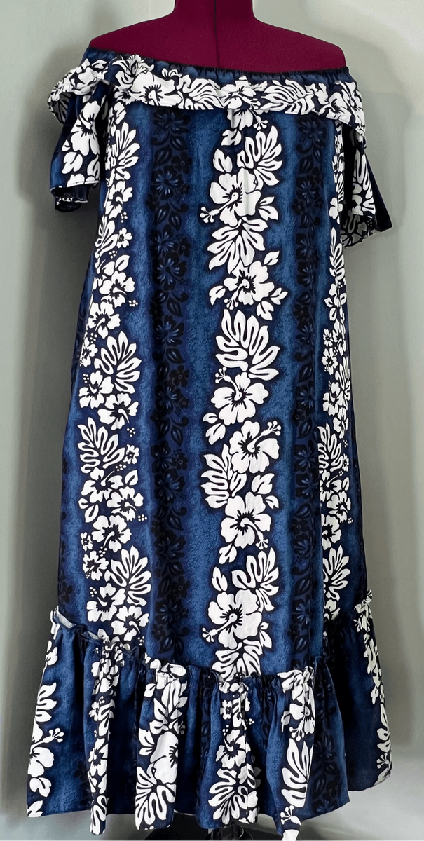 NWOT Hawaiian Traditional Muumuu Blue Black White Dress sz MEDIUM