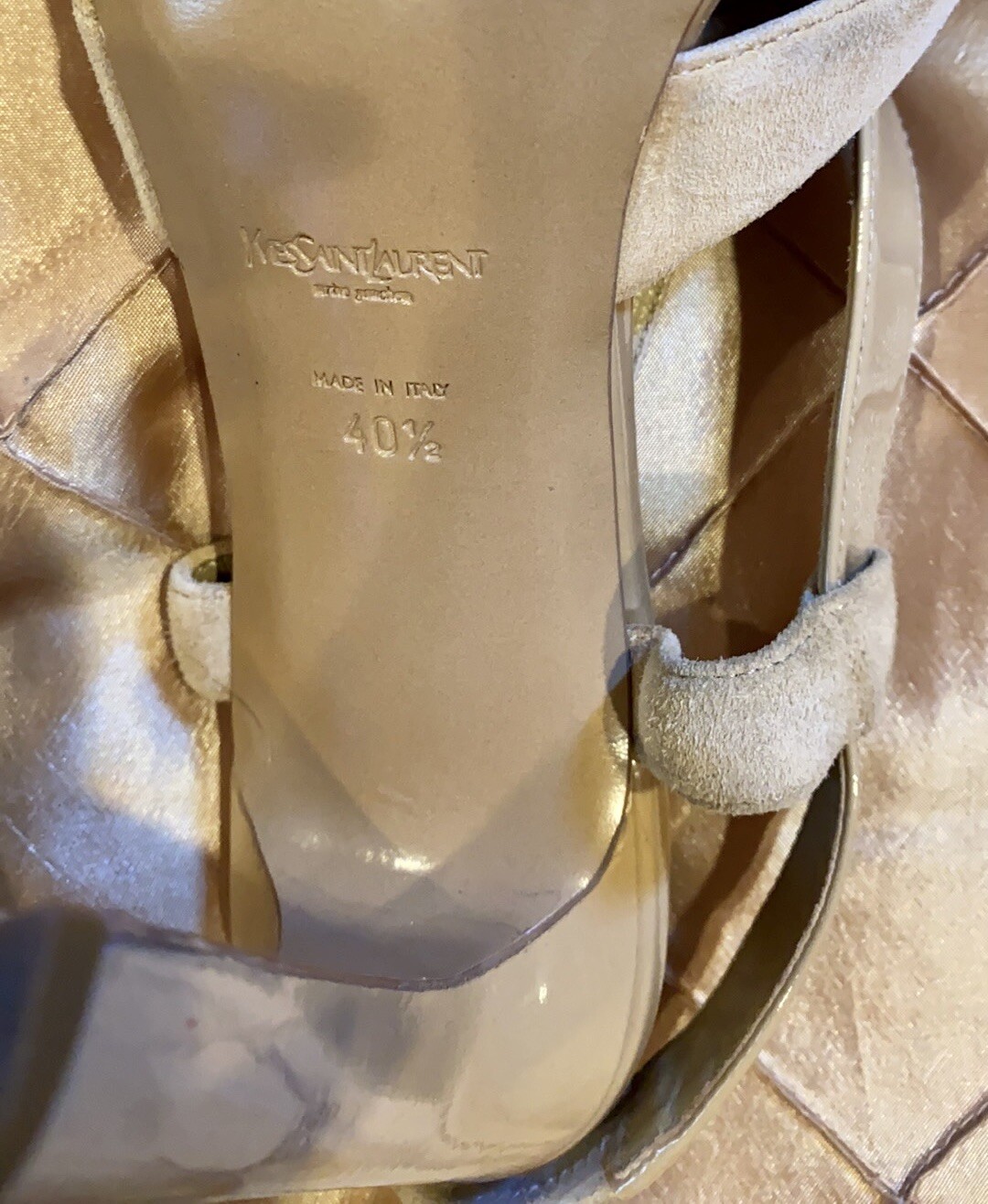 YVES SAINT LAURENT FAVOLOSI SANDALI CON TACCO MARRONE CHIARO COMBINAZIONE DI VERNICE E