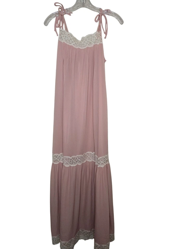 1970s Vintage Pink Lace Trim Sleeveless Maxi Dress Large Prairie Cottage Boho - Image 3 of 4