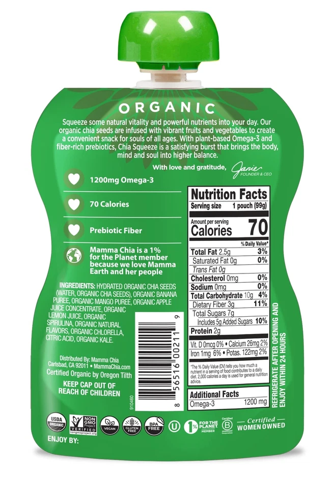 Mammachia Organic Chia Squeeze Pack de 16 Green Magic Vegano Sin Gluten Foto 3 de 4