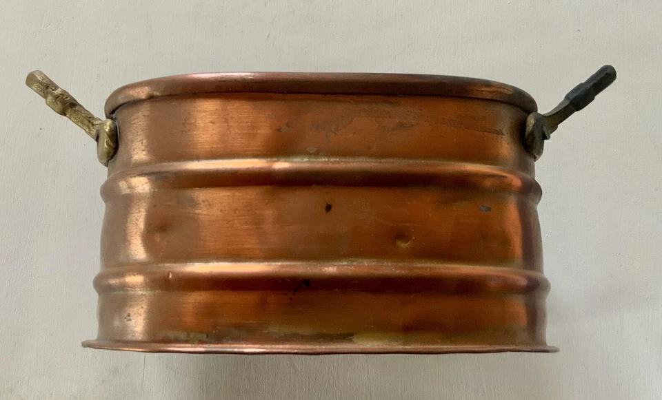 Contenitore In Rame Ovale Con Manici In Ottone - Vintage - Immagine 4 di 4