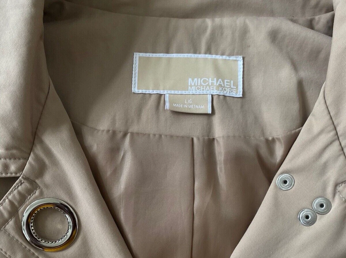Michael Kors trincea donna beige poliestere con cappuccio taglia L G ottime condizioni! MSRP $280