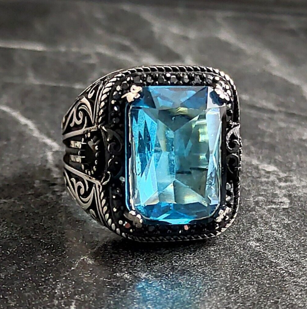Men Square Blue Aquamarine Gemstone Silver Ring, Silver Luminous