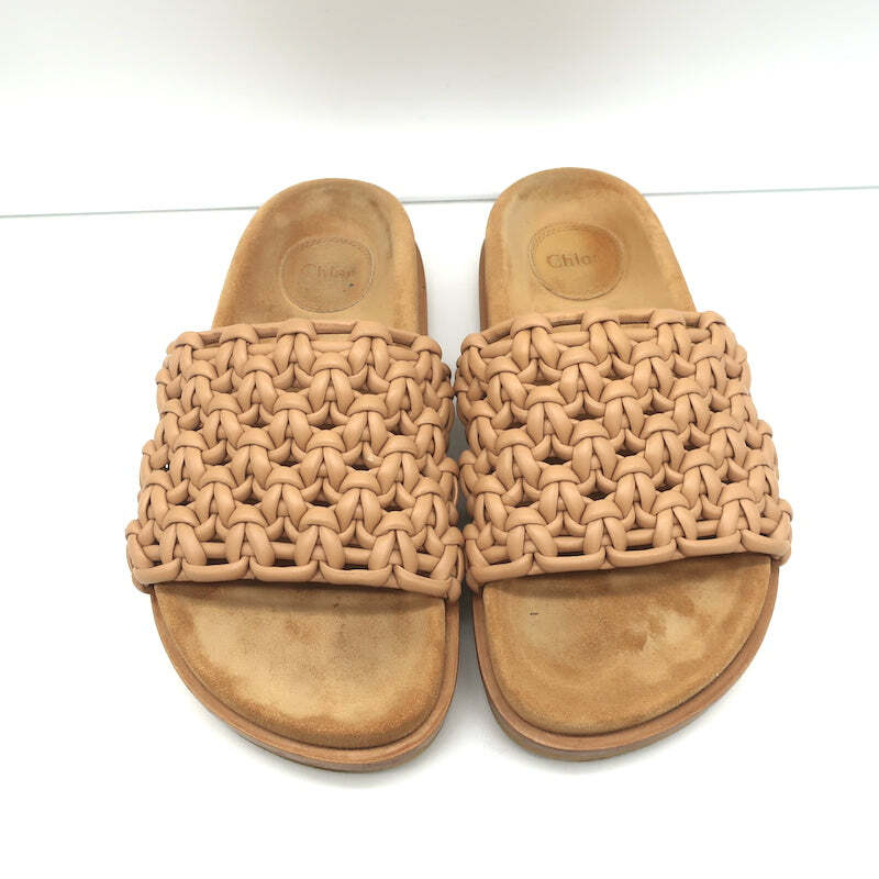 Chloe Wavy Platform Slide Sandals Beige Woven Leather Size