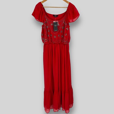 Joanna Hope Women's Red Embellished Off Shoulder Ruffle Midi Dress UK 10  New | eBay