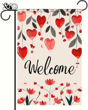 Valentine  S Day Welcome Garden Flag 12X18 Inch Double Sided Heart Floral Pattern