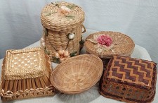 Set 5 Cottage Core Vintage Straw Wood Wicker Woven Baskets Wall Table Home Decor