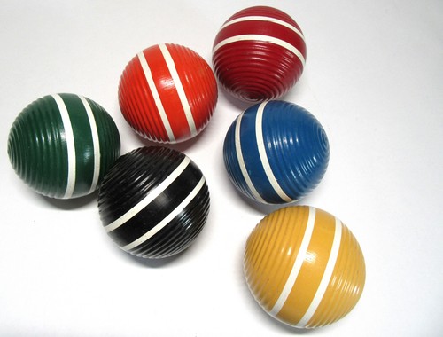 6 Vintage Ribbed Wood 3" Croquet Balls w/ 2 White Stripes - GREAT CONDITION