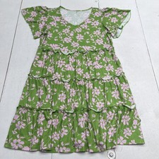 Floral Swing Dress Womens XL Green V Neck Short Sleeve Ruffle Sundress Pockets