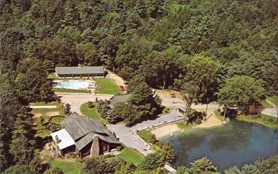 1975 NY Lake Luzerne Painted Pony Ranch Horse back riding Aerial #1 Postcard A40