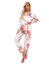 Women's Classic Button Down Long Satin Silk Pajama Set Medium Pink Floral