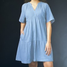 GAP Dress Womens Large Blue Crinkle Cotton Gauze Short Babydoll Tiered Pockets