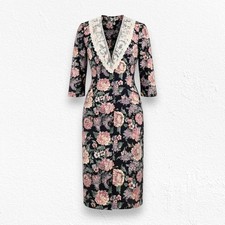 Vintage 80s Navy Pink Floral Lace Collar Wrap Midi Dress Size 6 Made in USA