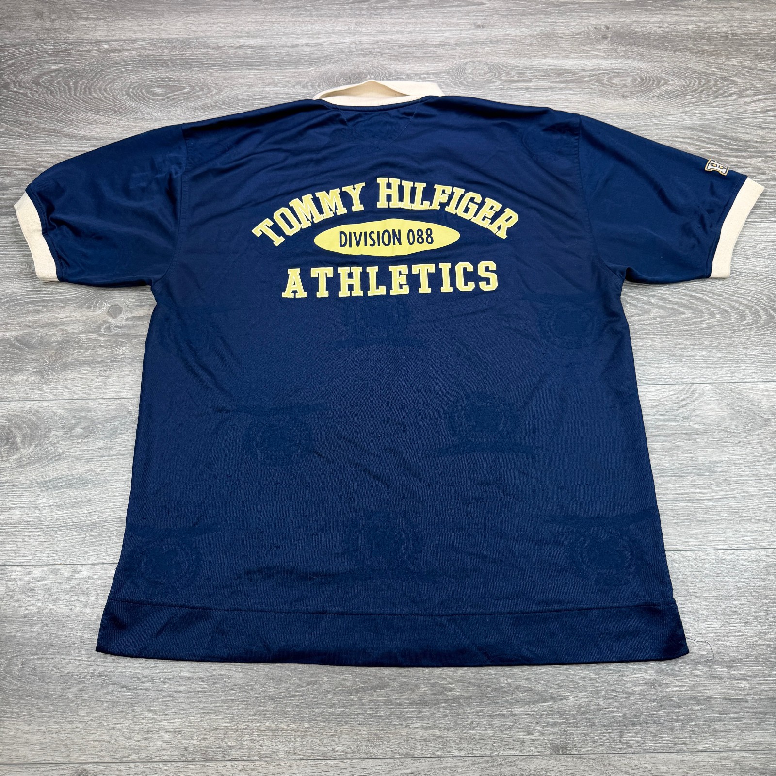 Vintage Tommy Hilfiger Athletics Polo Shirt Mens Large Navy Blue Spellout Rugby