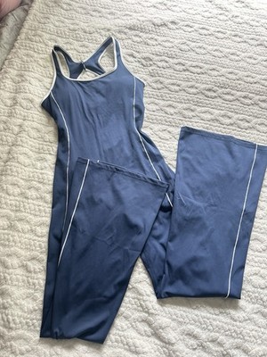 Navy Blue and white athletic one piece open back jumpsuit sportswear