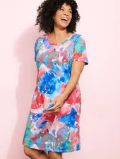 T by Talbots French Terry Casual Dress Painted Flowers Size Small
