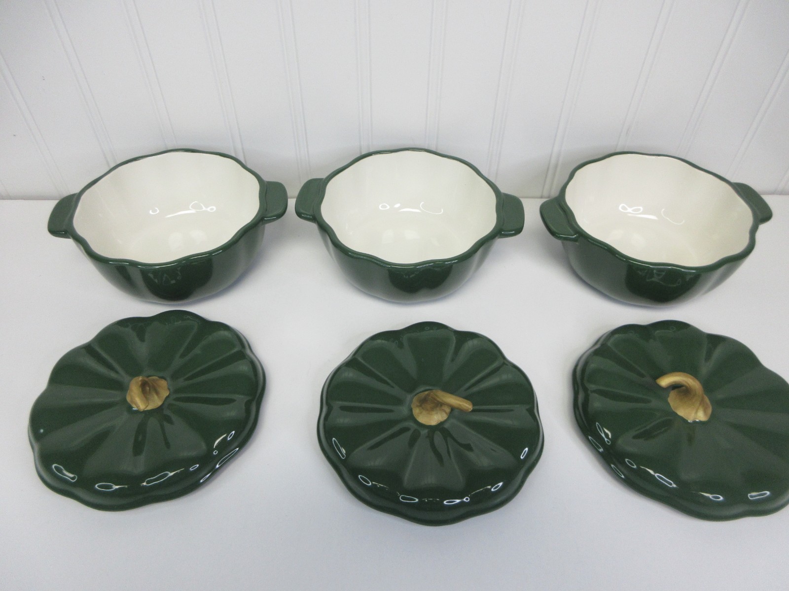 Pioneer Woman Ceramic Pumpkin Mini Dutch Oven Pot Cocottes Lids 3Pcs Green New