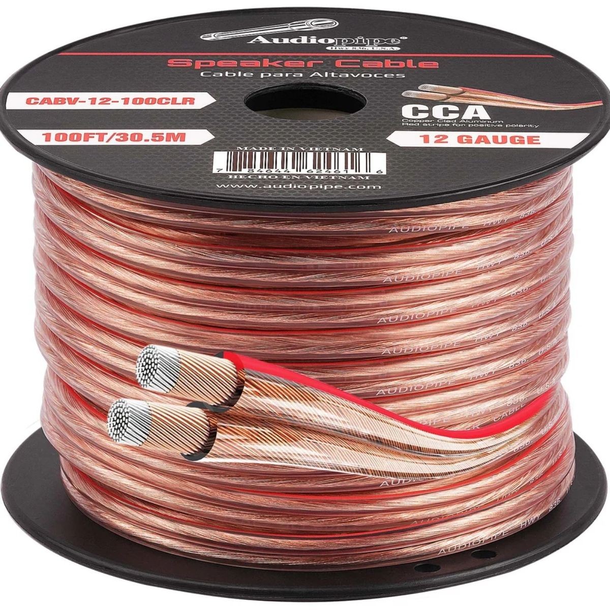 Audiopipe 12 Gauge (AWG) CCA Clear Speaker Wire w/ Red Stripe 100 Feet Lot