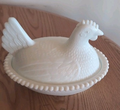 7 Inch Hen On A Nest White Milk Glass Chicken On Nest