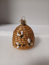 Old World Glittered Bee Skep Glass Blown Christmas Tree Ornament