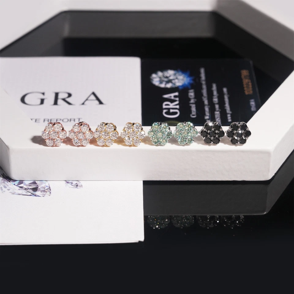 9mm Iced Green Black Moissanite Flower Stud Earrings Screwback 925 Silver Women - Image 3 of 4