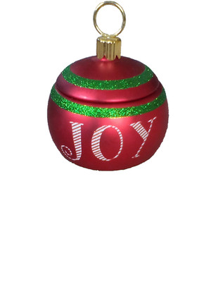 Vintage FTD Glass Christmas Ornament Red Satin Joy with Green Glitter Stripes