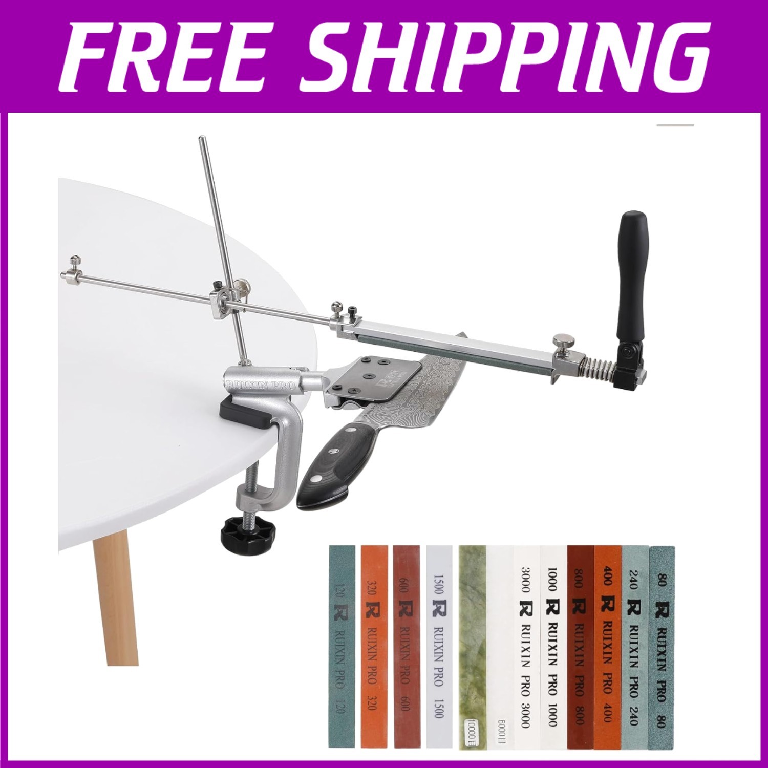 Stainless Steel RX-008 360° Knife Sharpener with G-Clamp and 12 Whetstones