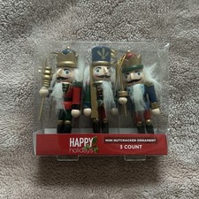 Wooden Mini Nutcracker Christmas Ornaments - 3 Count, Multicolor, 4 in Ht. Ea.
