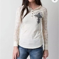 Y2K Affliction Paradigm Henley Hoodie Lace Sleeves & Hood Size M