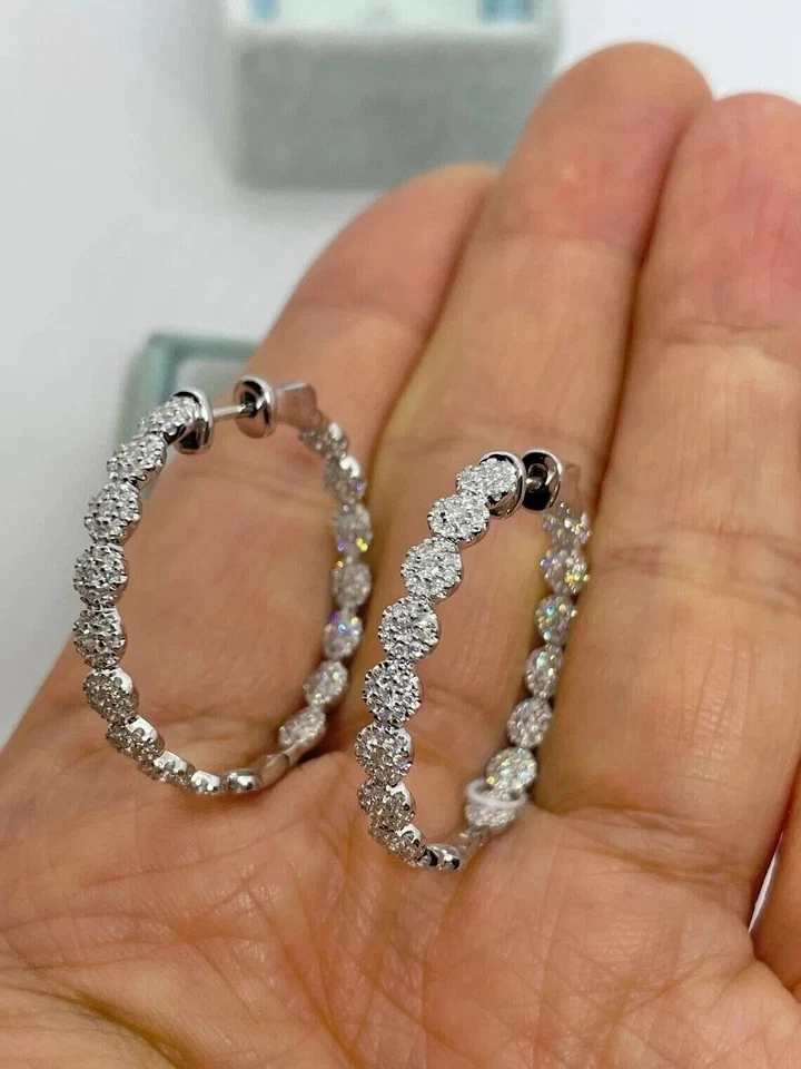 Rund Geschliffen Künstlicher Diamant Damen Huggie Creolen 14k Weiß Vergoldet - Bild 4 von 4