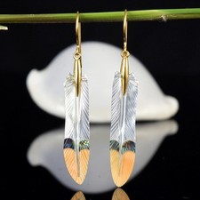 Carved Multicolor MOP Shell Parrot Feather Earrings Gold Vermeil Sterling 3.14g