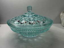 Vintage Indiana Cut Glass Windsor Candy Dish/Bowl with Lid, Teal/Aqua Color Nice