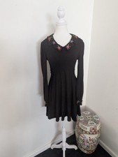 Black vintage 70's black fit and flare dress with floral embroidery