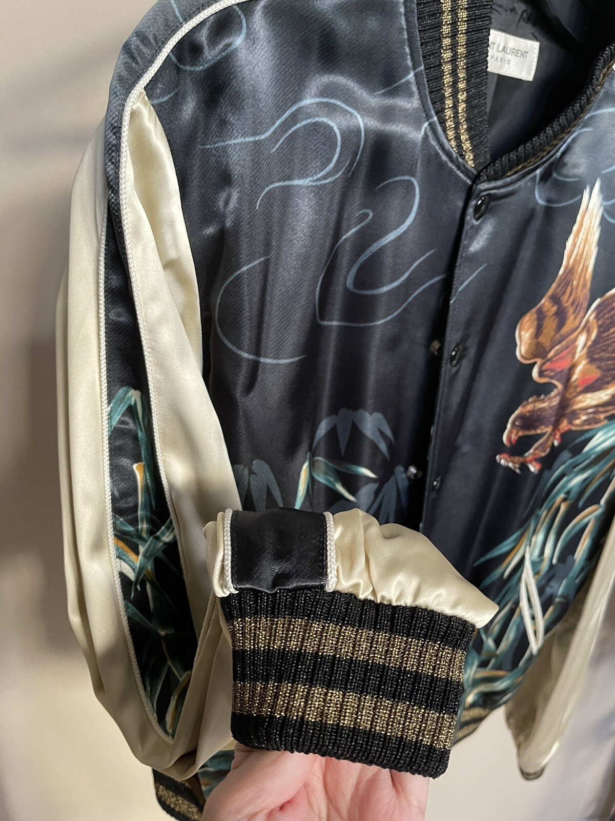 Giacca bomber Saint Laurent autentica zip taglia 46 stampa tigre e aquila usata