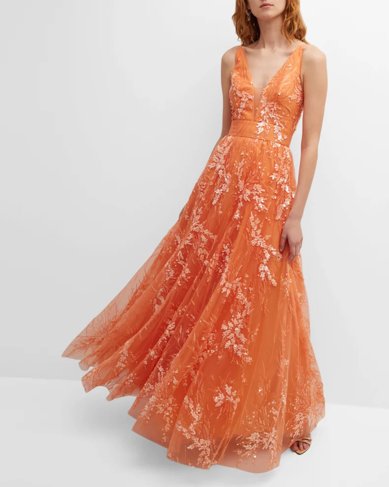 $698 Dress the Population Coral Samira Vneck Beaded Sequin Gown Small NEW  D444 | eBay