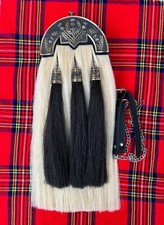 Scottish Thistle Plate White Horse Hair Sporran 3 Black Tassels Kilt Sporran