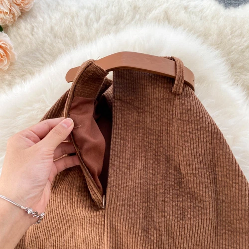 Women Midi Corduroy Skirt A-line Pencil Side Slit with Belt Retro Casual Dress - Bild 12 von 21
