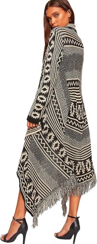 Women's Aztec Knitted Tassle Long Waterfall Open Cardigan Ladies Maxi Shawl - Picture 2 of 4