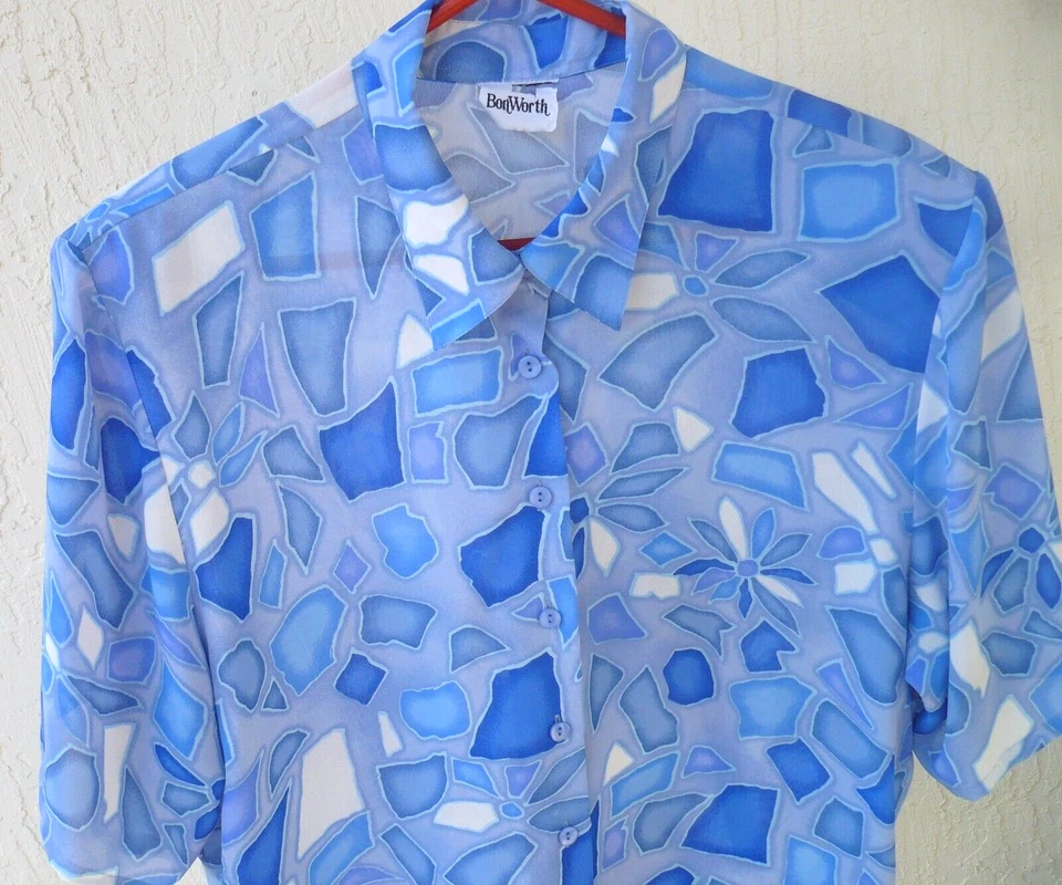 CAMISA BLUSA MUJER VINTAGE AÑOS 80 BON VALUE 2X PLUS AZUL FLORAL GEOMÉTRICA ABOTONADA Foto 3 de 4