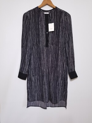 vince striped silk dress NWT Vince Wavy Stripe Silk Shift Dress in Black/Off White Size XXS $425