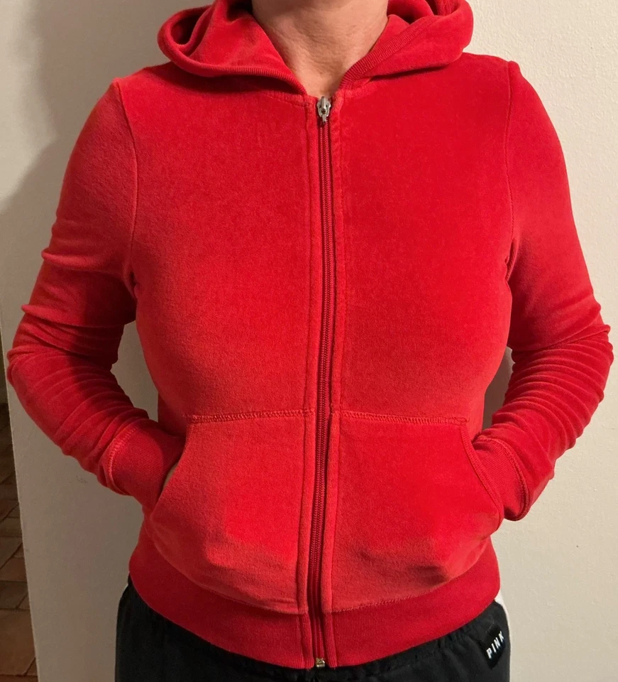 Victoria's Secret ROSA Mujer Sudadera con Capucha Completa Cremallera Talla S Chaqueta de Terciopelo Rojo Foto 3 de 4