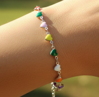 Silver Tone Rainbow Heart Charm Bracelet | Multi-Color Enamel Boho Wrist Jewelry
