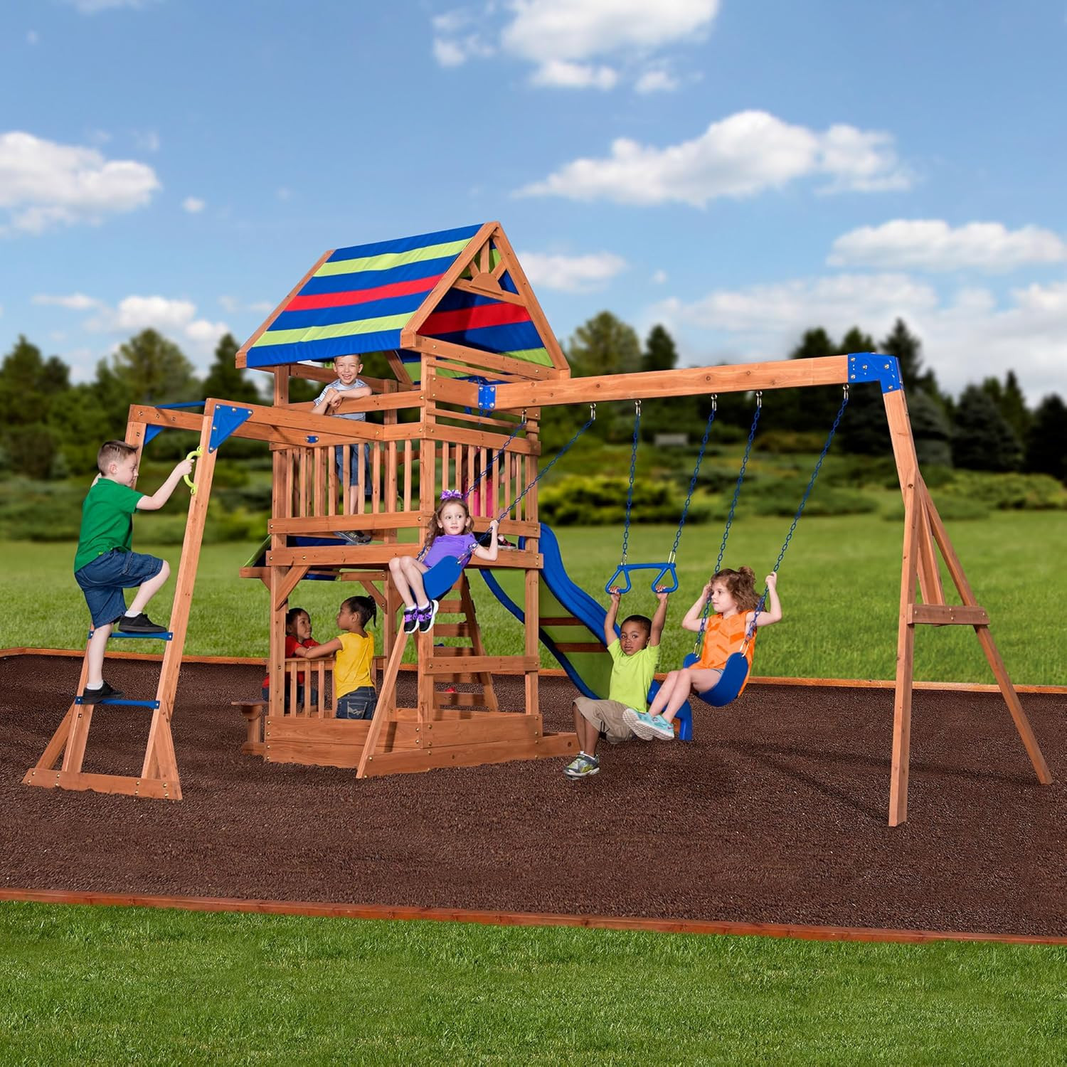 Cedar Wood Beach Front Swing Set with Slide, Monkey Bars & Picnic Area