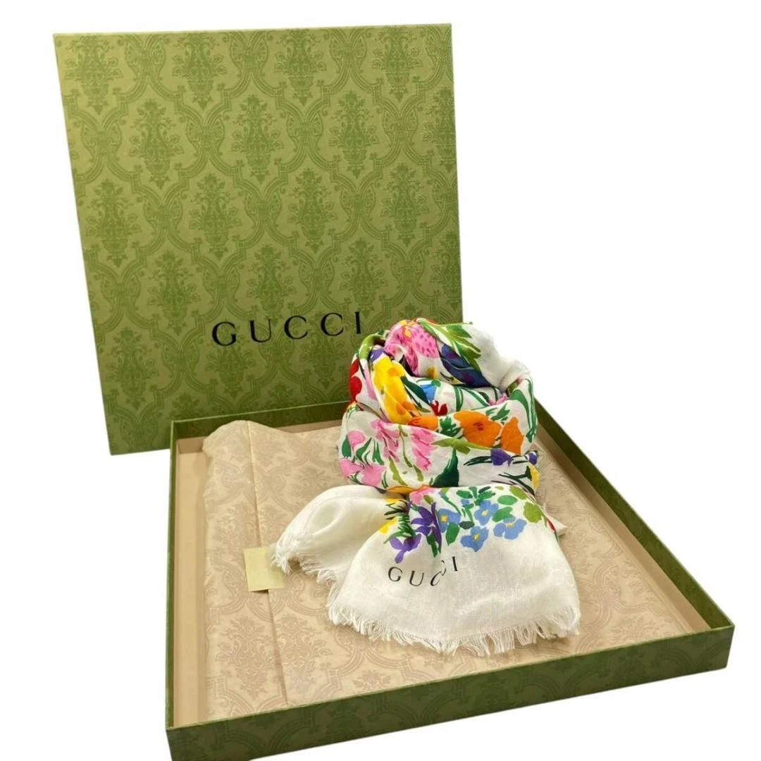 Authentique grande écharpe étole GUCCI Kenscott Flora soie blanche multicolore avec boîte